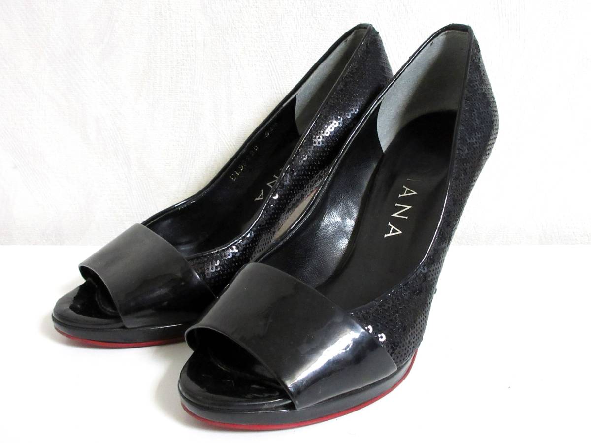 ダイアナ DIANA スパンコール オープントゥ パンプス 黒 ブラック 21 1/2 北1890拍卖