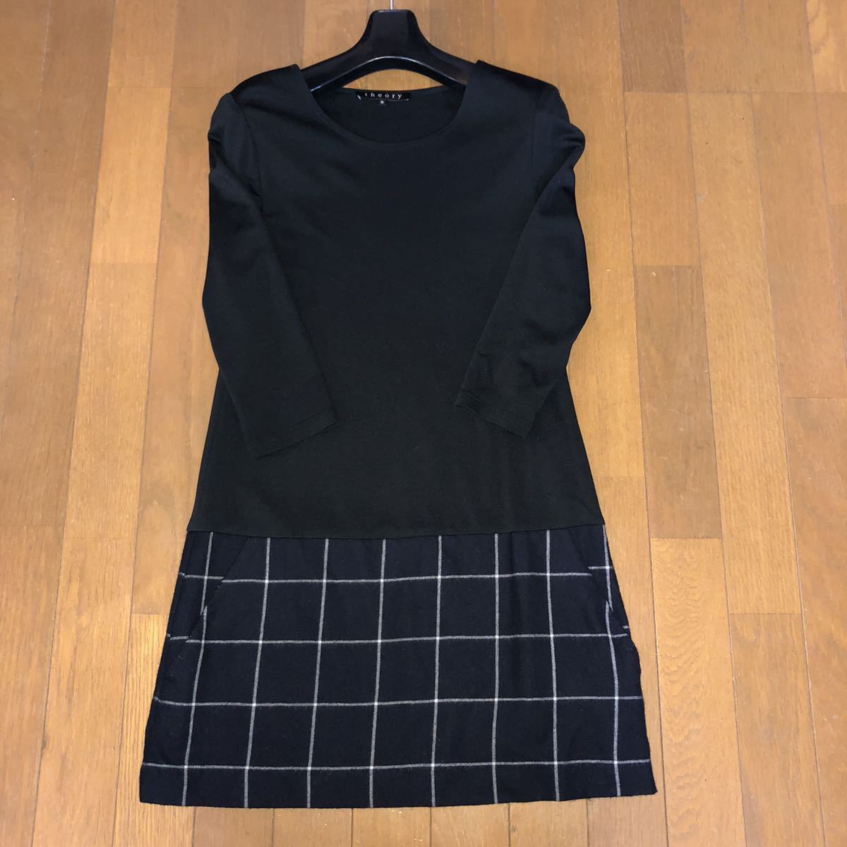 送料無料 セオリー ★ 切り替え ワンピース 七分袖 ブラック サイズ 0 美品 ♪拍卖