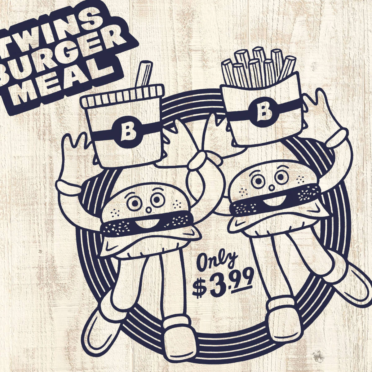 ■TWINS BURGER Tシャツ■Mサイズ(ホワイトxネイビー) ハンバーガー ファストフード拍卖
