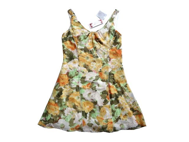 新品 GOLDS infinity シフォン タンク ワンピース 花柄 ボタニカル ノースリーブ フレア ミニ 黄色 イエロー ゴールズインフィニティ拍卖