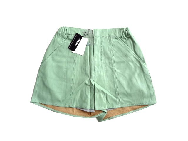 新品 定価6300円 MURUA ムルーア 黄緑 合革 ショートパンツ ハイウエスト マークスタイラー 1 グリーン拍卖