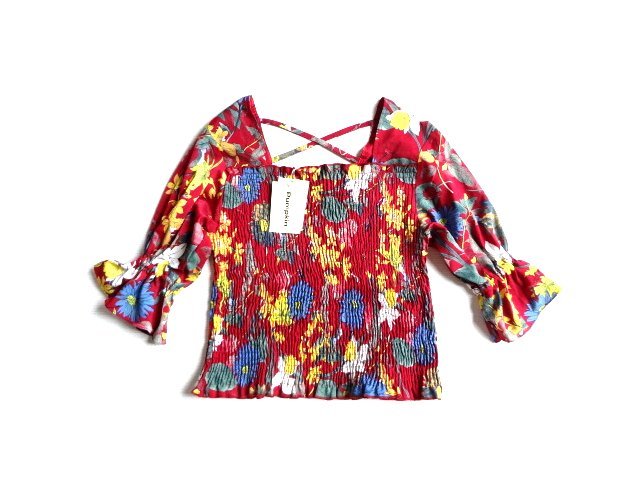 新品 Pumpkin パンプキン 花柄 ボタニカル ボルドー シャーリング ブラウス トップス M レディース拍卖