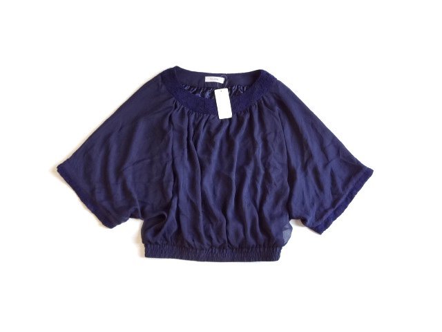 新品 GIVORS シフォン ドルマン ブラウス レース使い 紺 M トップス ネイビー 七分袖くらい拍卖