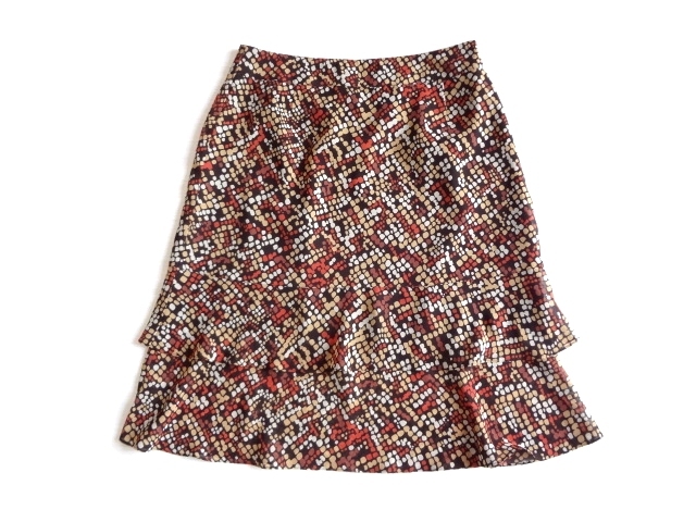 sutseso スチェッソ ワールド 幾何学柄 ティアード スカート 40 日本製 茶 膝丈 シフォン L拍卖