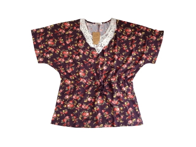 新品 datum line かぎ編みレース使い 花柄 ドルマン チュニック ボタニカル 紫 トップス拍卖