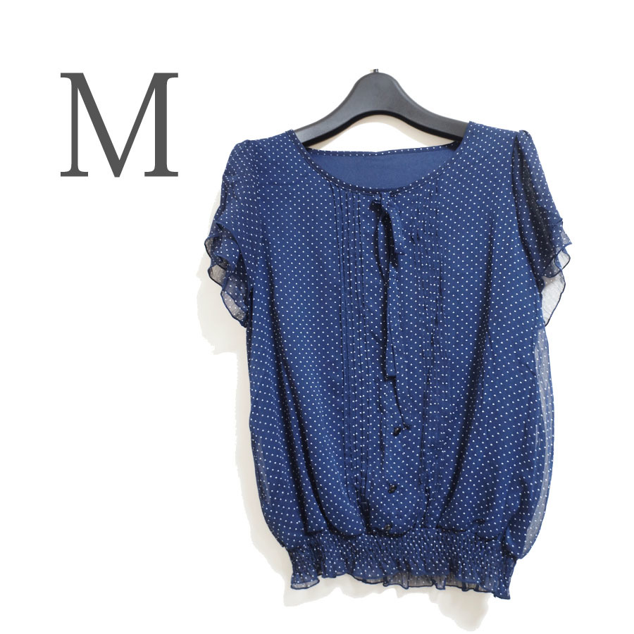 ●サンプル/プルオーバー/ブラウス/ネイビー/ドット/シャーリング/リボン/M/モデル丈/レディース●f8028拍卖