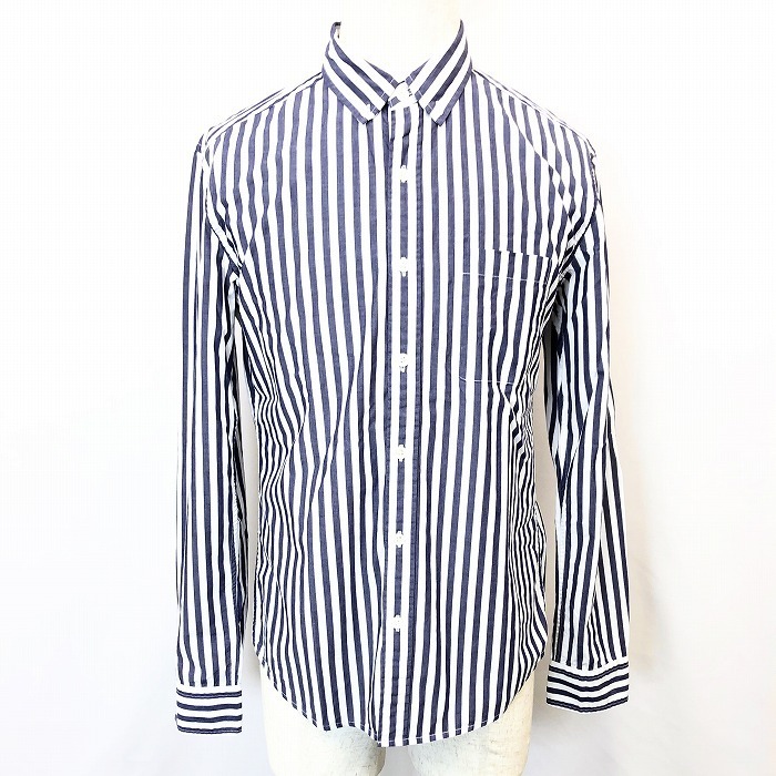 RAGEBLUE レイジブルー M メンズ ボタンダウンシャツ トップス ストライプ柄 胸ポケット付き 長袖 服 綿100% コットン ホワイト×ネイビー拍卖