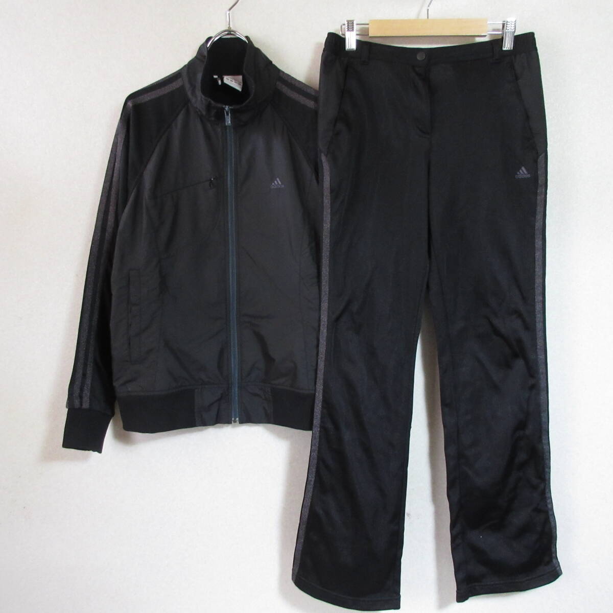 ○美品 adidas アディダス◆ジャージ ナイロン切替 セットアップ ジャケット&ロングパンツ◆レディース ブラック/グレー Mサイズ拍卖