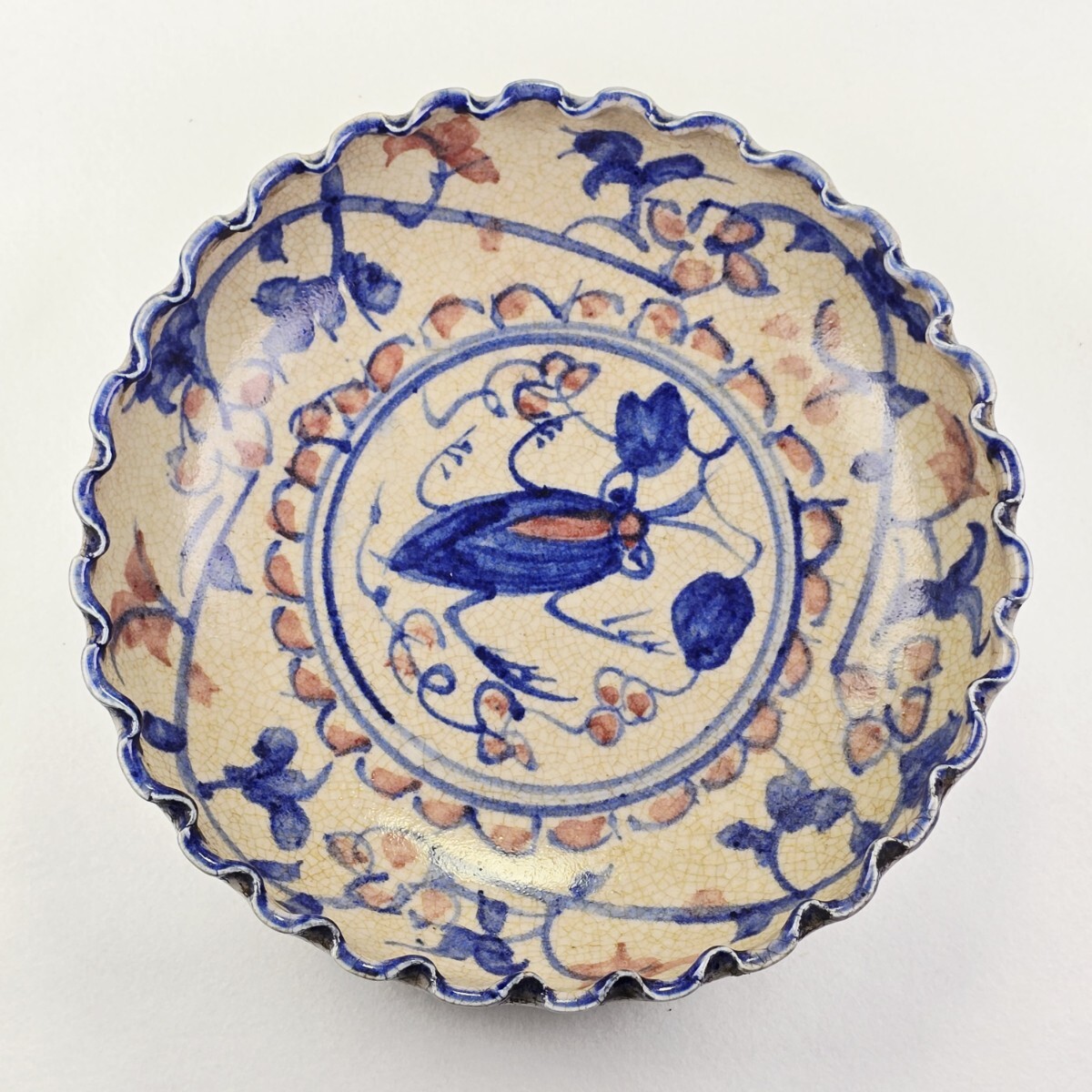 中国古美術 青花釉裏紅 染付辰砂 草虫図 筆洗 飾皿 元在銘 時代貫入 希少拍卖