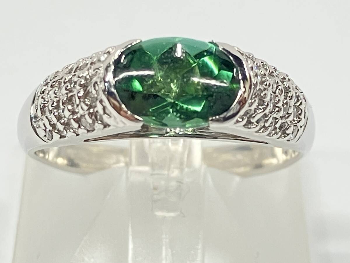 【簡易鑑別書付】Pt900プラチナ グリーントルマリン1.46ct/ダイヤモンド0.26ct リング 19号 7.5g拍卖