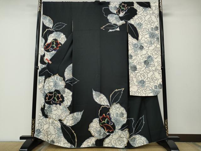 平和屋着物●豪華振袖 ラインストーン 薔薇 舞花文 黒地 金彩 正絹 逸品 CABD7269ut拍卖