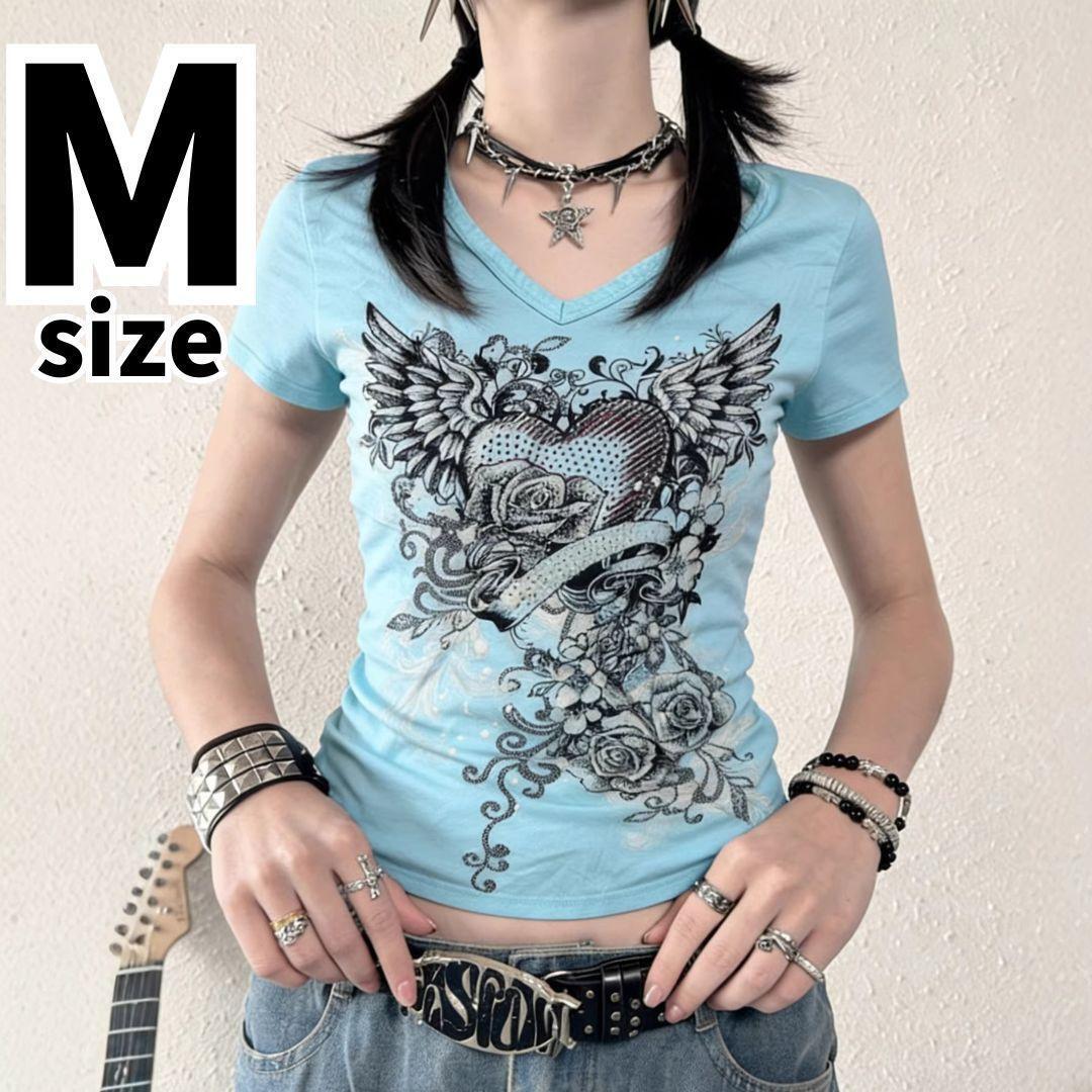 762 Y2K エモ ガールズ Tシャツ 水色 パンク Vネック 半袖 チビT 平成ギャル 平成 ギャル Vネック ピチT M 翼 エモい ロック パンクロック拍卖