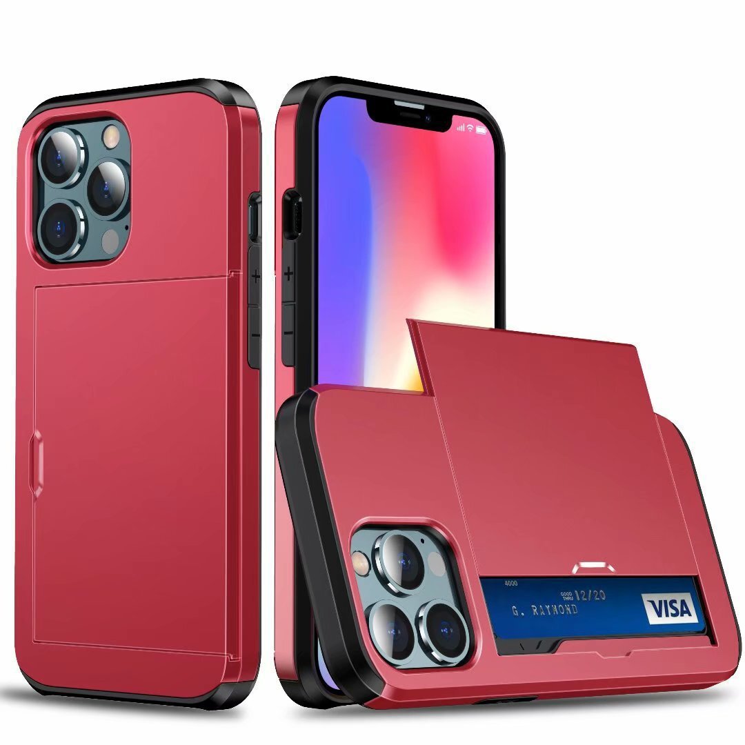 iPhone XR用 ケース レッド 背面カバー カード収納 赤色 カードホルダー拍卖