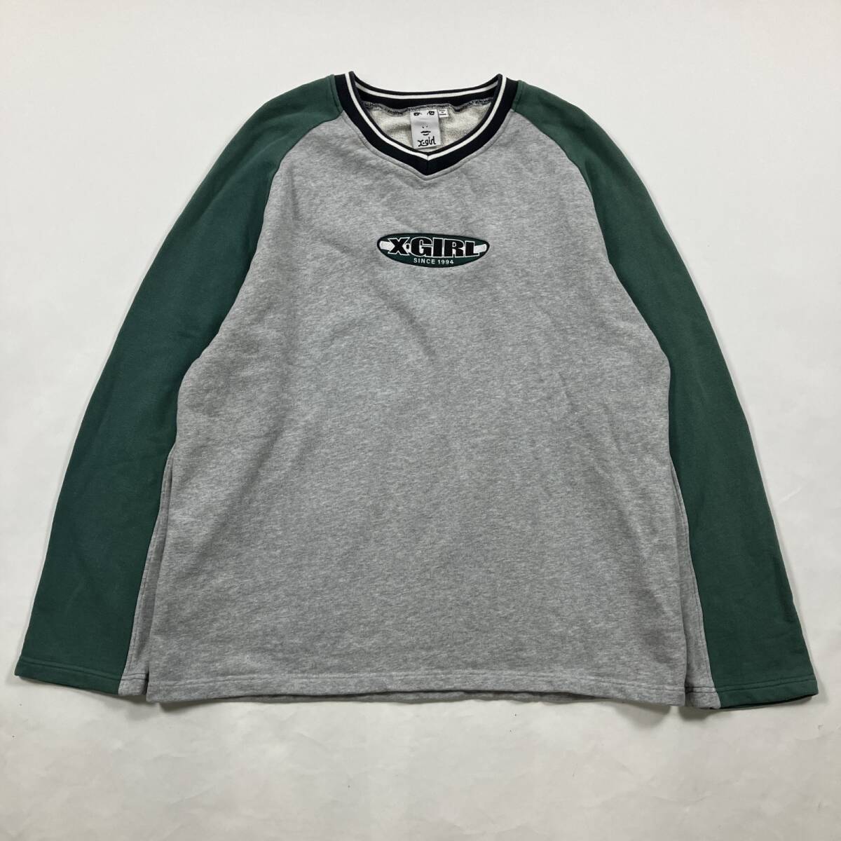 ★ X-girl エックスガール スウェット トレーナー トップス ロゴ ラグランスリーブ バイカラー グレー M レディース 0.6kg拍卖