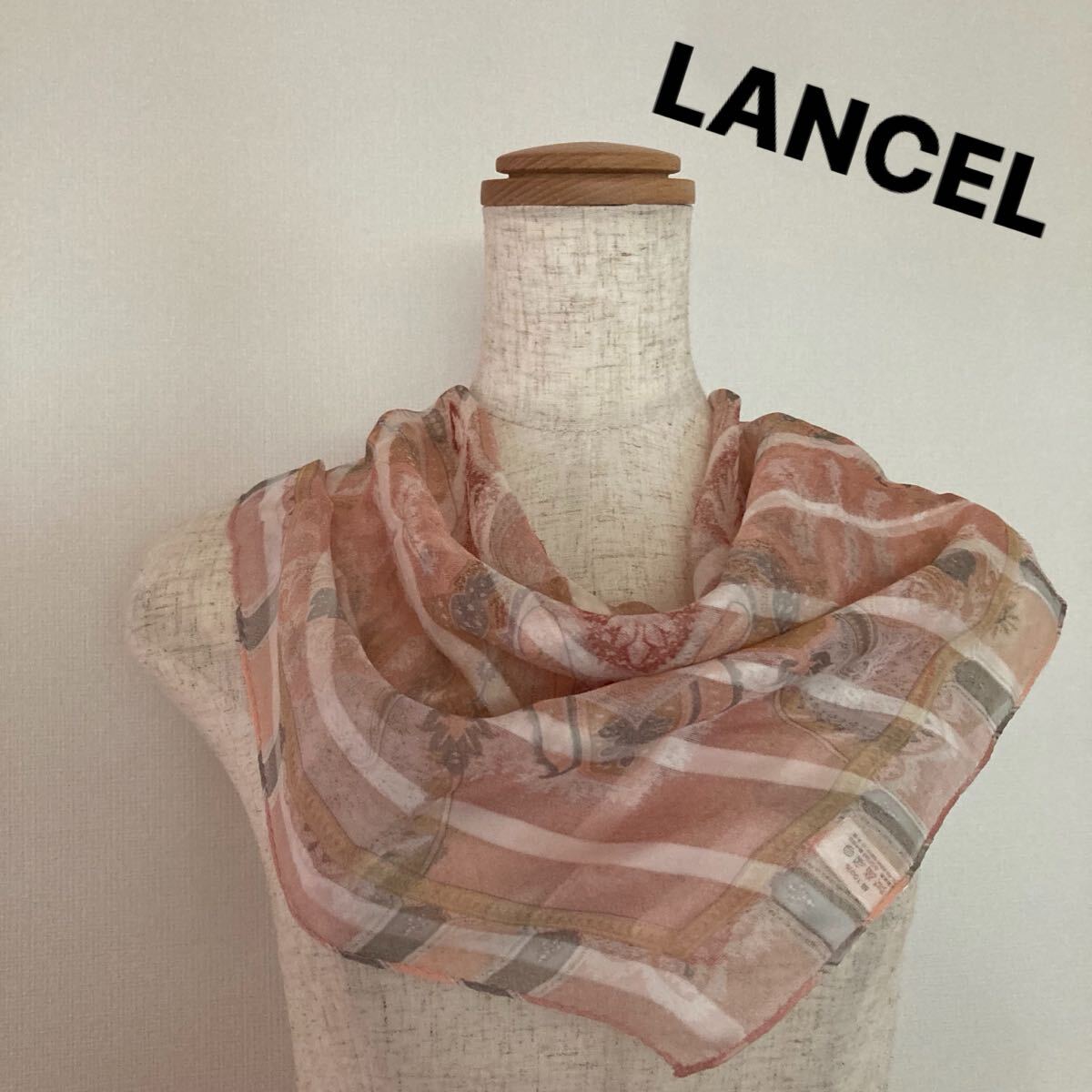 新品 LANCEL シルク ランセル 絹100% silk 58×58 日本製 スカーフ ピンク シアー スカーフ 正方形拍卖