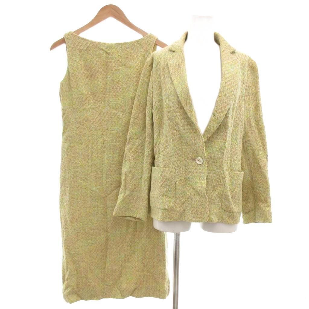 49アベニュー ジュンコシマダ 49AV. junko shimada セットアップ 絹 シルク ジャケット ワンピース 40 黄 イエロー 織り柄拍卖