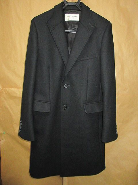 SAINT LAURENT PARIS サンローランパリ 16AW ラペル レザー 切替 ウール チェスター コート 黒 50 国内正規品拍卖