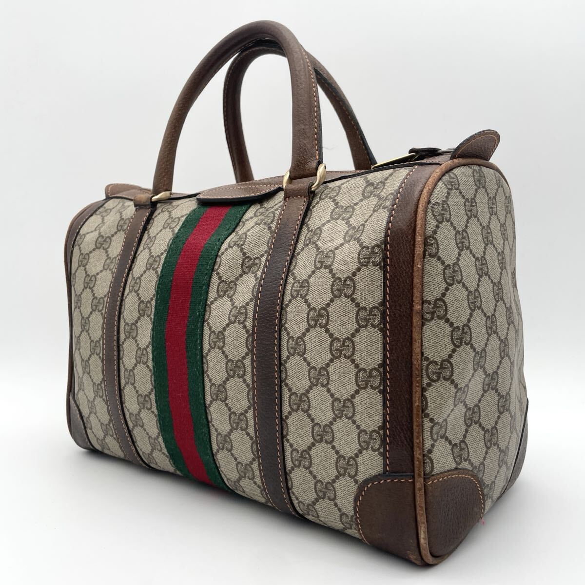 【良品】GUCCI グッチ ボストンバッグ トート ハンド バック GGスプリーム シェリーライン ブラウン 旅行 メンズ レディース拍卖