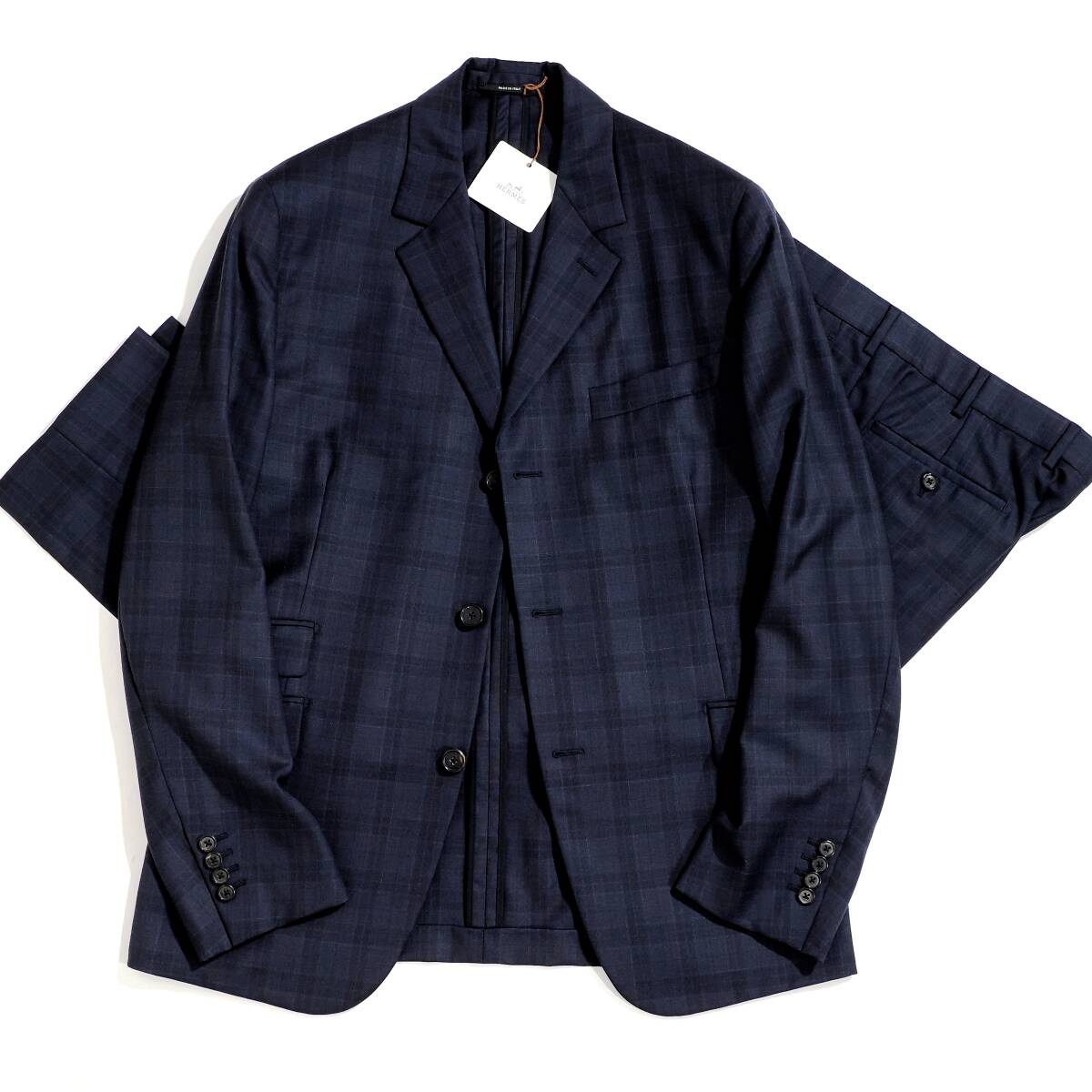 未使用◎ランウェイモデル「HERMES/エルメス」極上Super150's 軽量リバー仕立て◎セットアップ スーツ ジャケット スラックス パンツ 50 XL拍卖