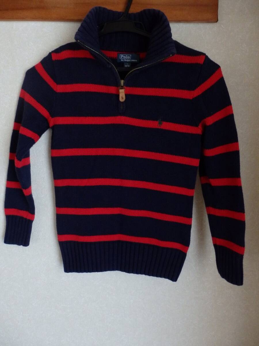 POLO ポロ ラルフローレン キッズ用 ジップアップ 子供用トップス ラガーセーター ネイビー×レッド 130×64 サイズ7 中古拍卖