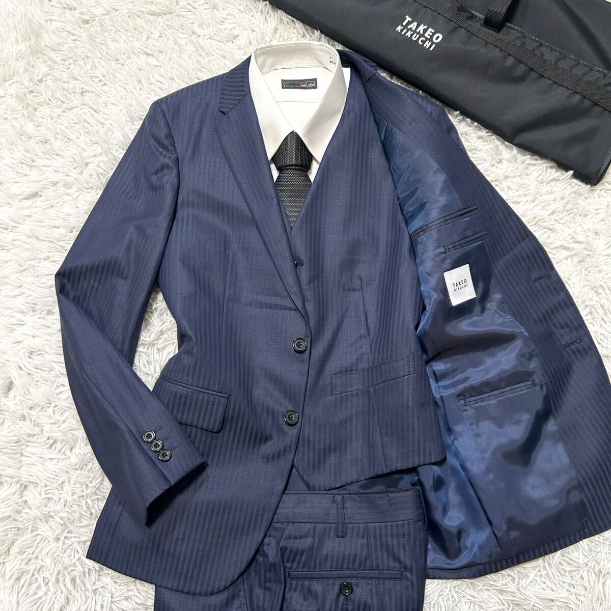 タケオキクチ【艶感溢れる3ピース】TAKEO KIKUCHI スーツ セットアップ スリーピース ジャケット ネイビー M位拍卖