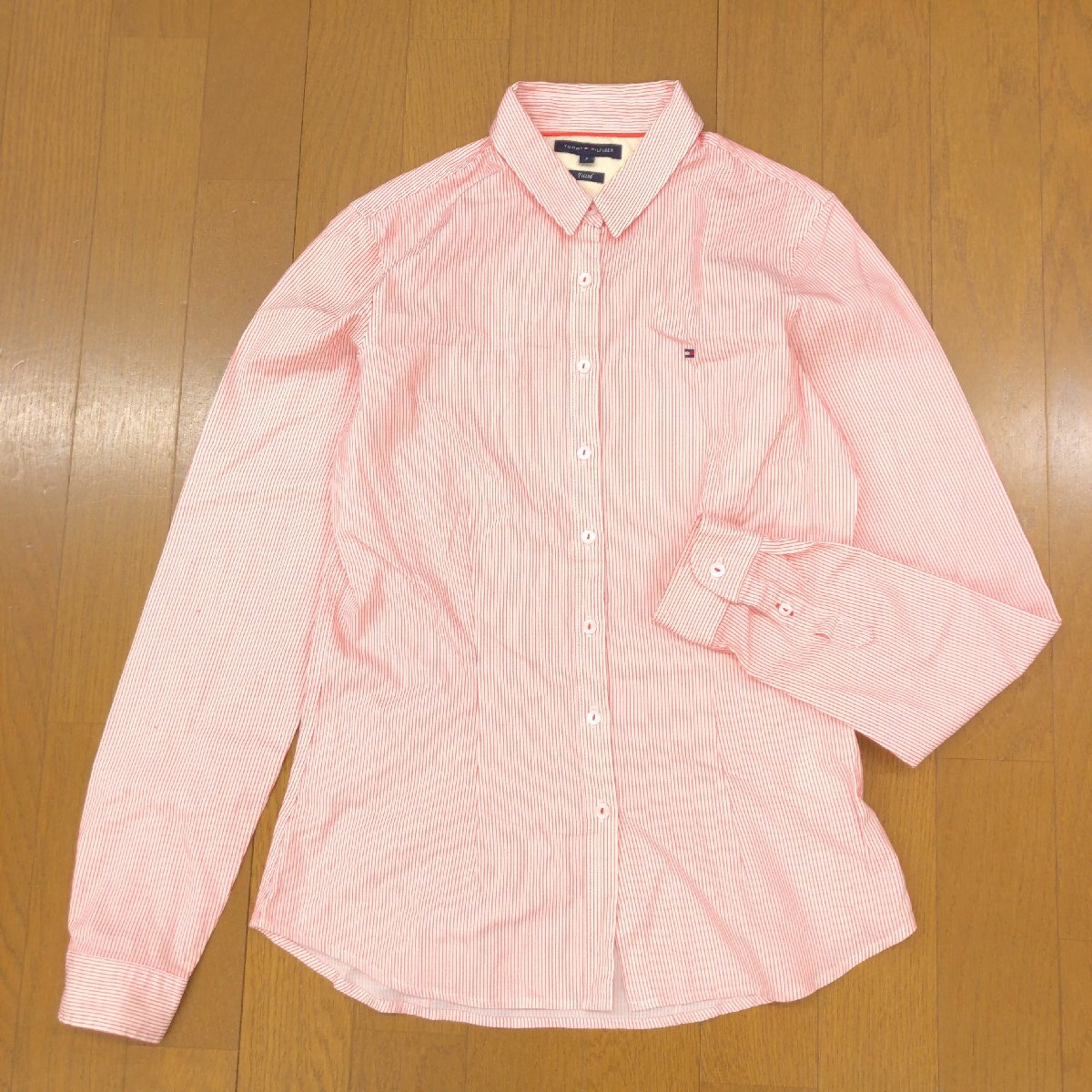 美品 TOMMY HILFIGER トミーヒルフィガー ストレッチ コットン ロングスリーブ シャツ 2 朱色 ストライプ ブラウス 長袖 レディース 婦人拍卖