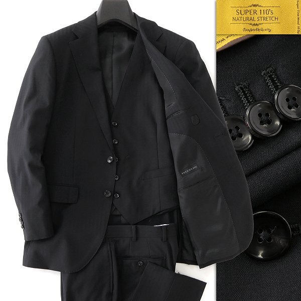 新品 ヒルトン SUPER110'S ウール ストレッチ 3ピース スーツ YA4(細身S) 黒 【J54078】 メンズ HILTON セットアップ ストライプ ベスト拍卖