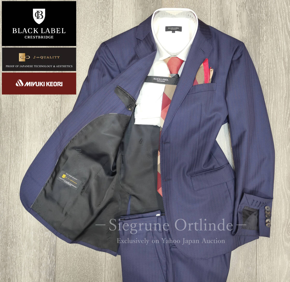 【美品】ブラックレーベル クレストブリッジ×MIYUKIKEORI J∞Quality 本切羽 ネイビーストライプ スーツ 90-74-165 36R (Sサイズ)拍卖