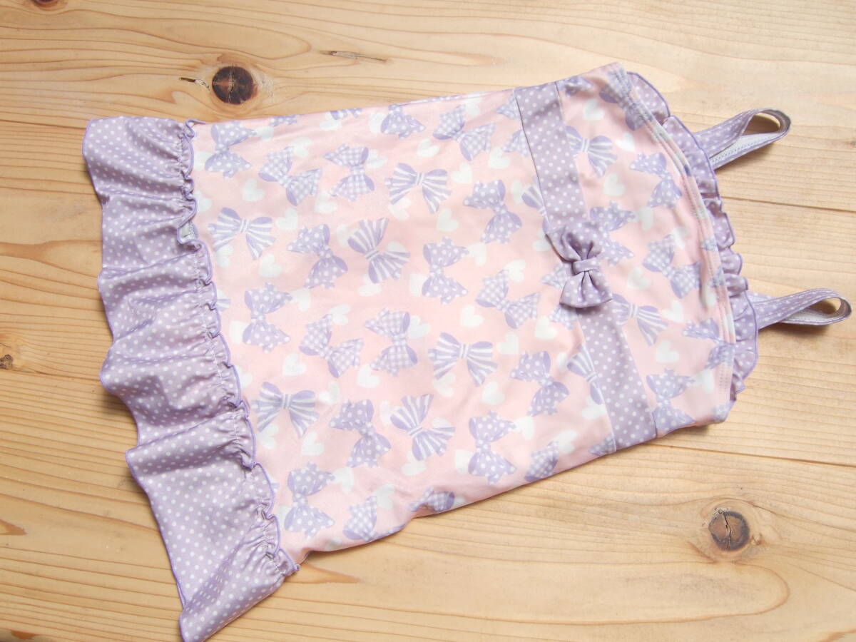 *美品!キッズ女の子リボン柄ピンクワンピース水着130センチ(22)*拍卖