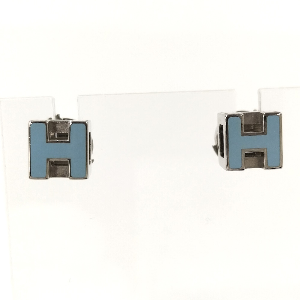 HERMES カージュドアッシュ Hキューブ ピアス Hロゴ ブルー シルバー メッキ拍卖