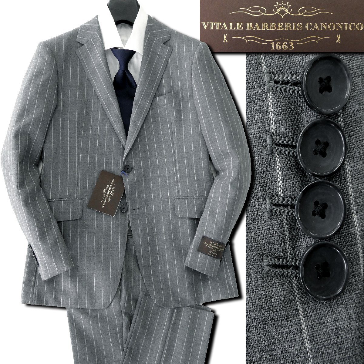 新品 パーソンズフォーメン 春夏 カノニコ生地 トロピカルウール スーツ YA5(細身M) 灰 【J54897】 セットアップ ストライプ 背抜き拍卖