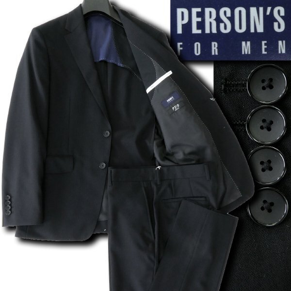 新品 パーソンズフォーメン PT-9 シャドーストライプ ストレッチ スーツ YA5(細身M) 黒 【J56133】 春夏 セットアップ 背抜き サマー拍卖
