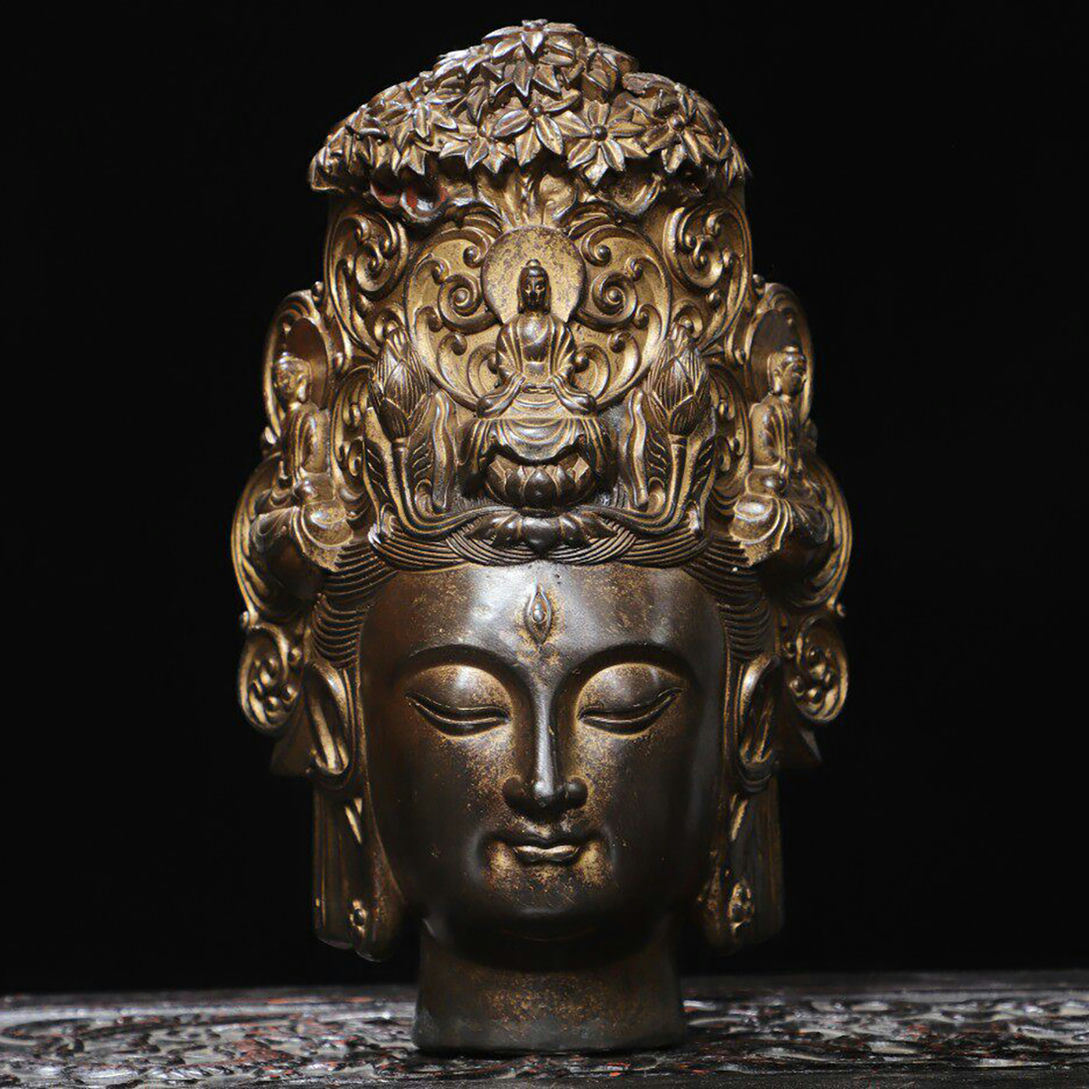 ◆旧家買出品◆R2954清時代 銅塗金 観音仏首造像 細密彫・超絶技巧 細工彫刻・仏像 仏教古美術 細密造 寺院収蔵品 拍卖