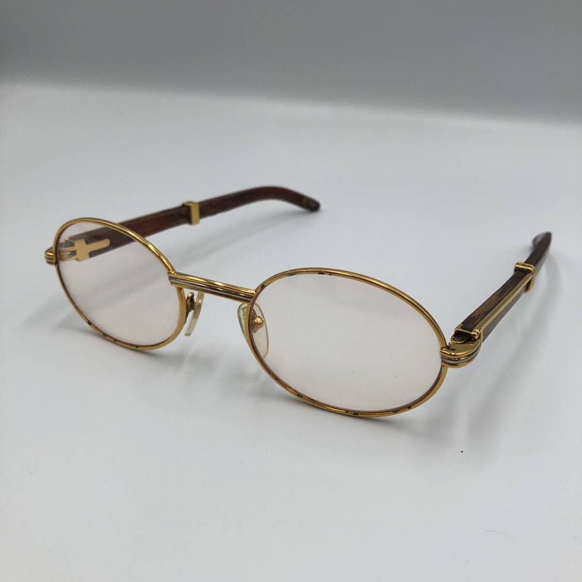 1円 CARTIER カルティエ トリニティ ウッド メガネ【サイズ:53口22】 ゴールドカラー 度なし拍卖