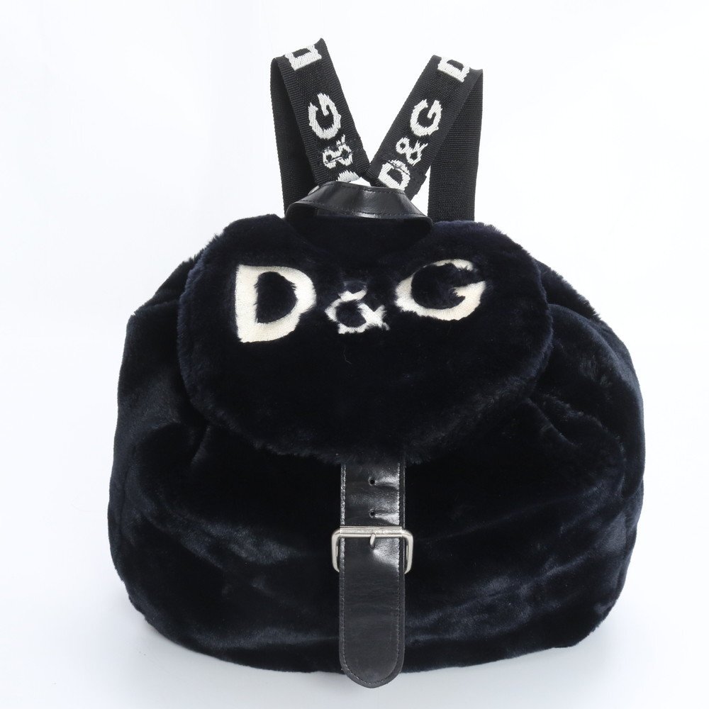 1円■美品■ドルチェアンドガッバーナ■D&G ロゴ ファー レザー リュックサック リュック バッグ ネイビー 紺 A4 レディース RWM DU8-10拍卖