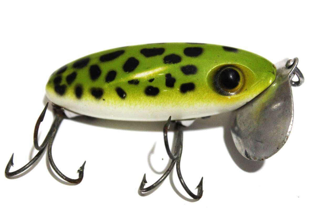 ■s4671 ARBOGAST JITTERBUG アーボガスト ジッターバグ オールド 超出目 ビッグアイ 5/8oz フロッグ 白腹■拍卖