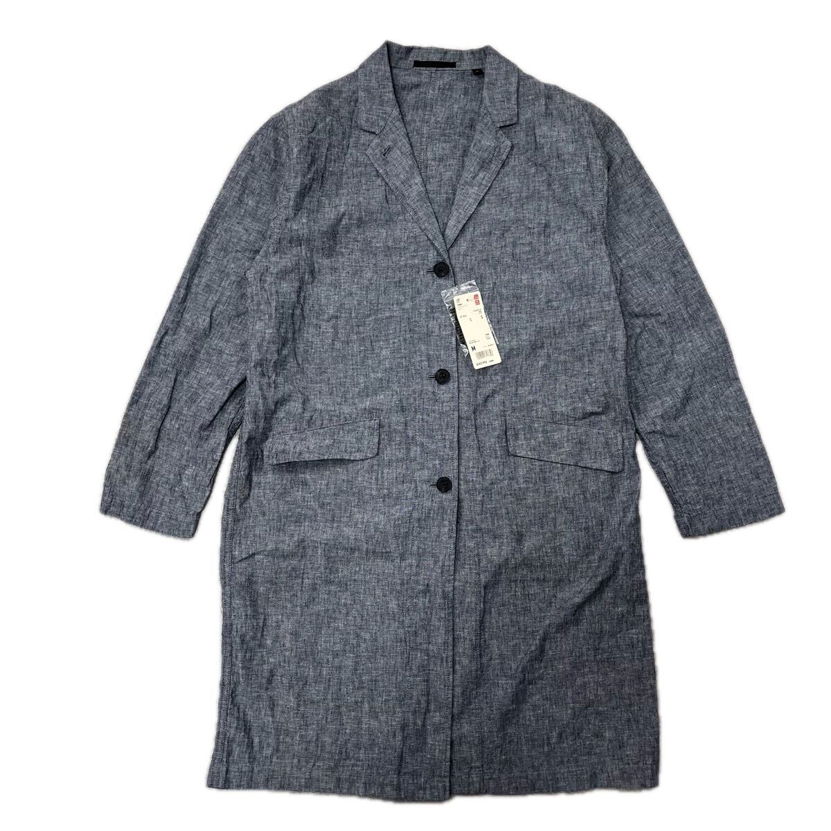 新品タグ付き UNIQLO ユニクロ リネンコットンコート グレー ロングコート チェスターコート Mサイズ コットンリネン 192313拍卖
