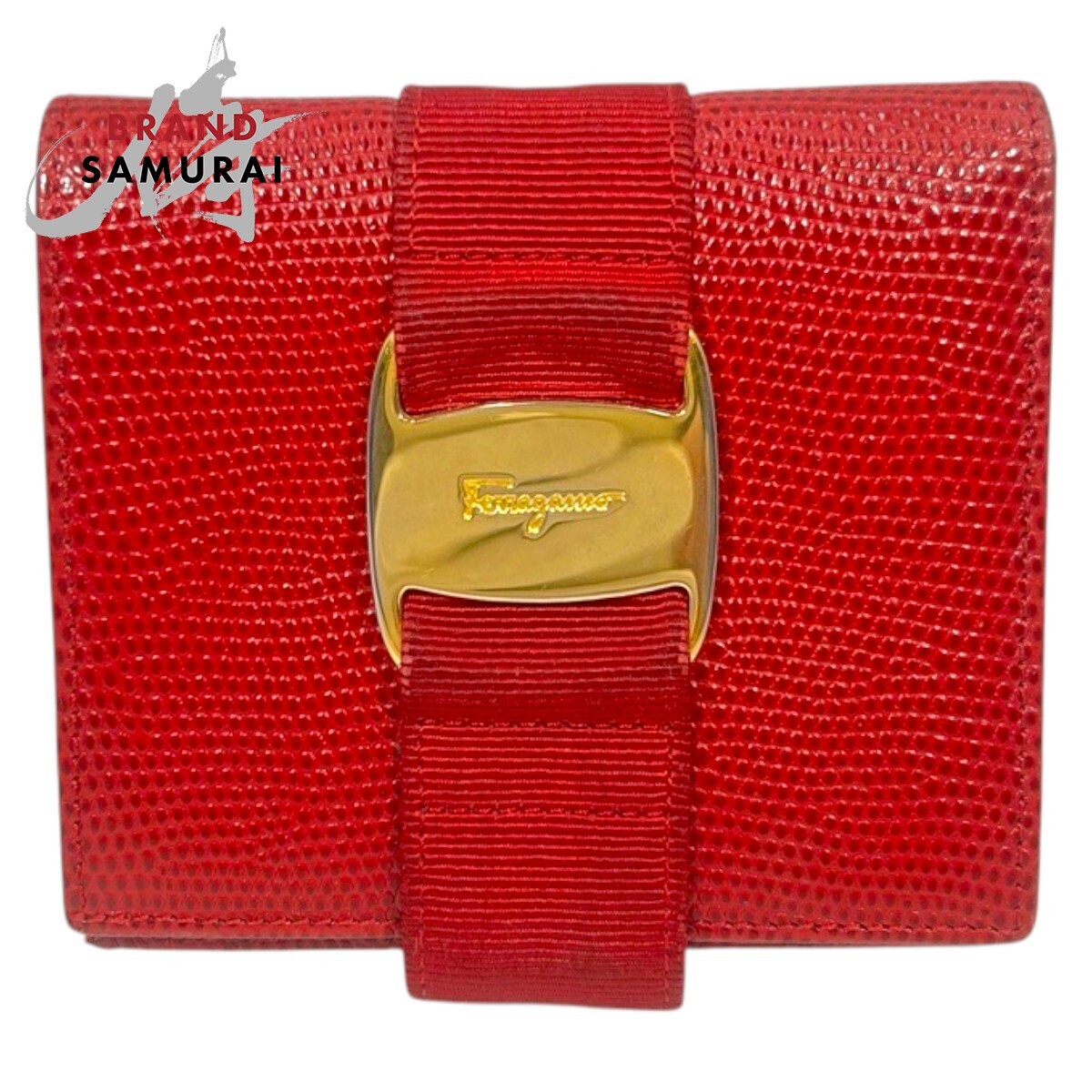 Salvatore Ferragamo サルヴァトーレフェラガモ ヴァラ リボン レッド ゴールド金具 レザー 二つ折り財布 折財布 600520拍卖