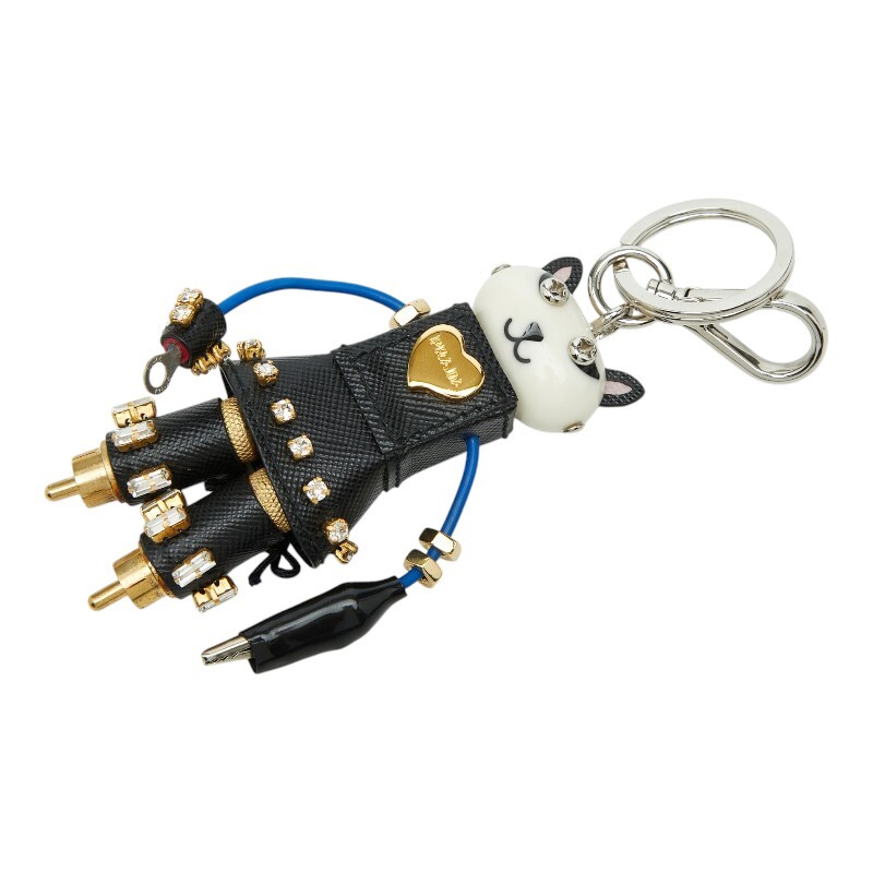 プラダ キャット ロボット キーホルダー ブラック レザー ラインストーン メッキ レディース PRADA 【中古】拍卖