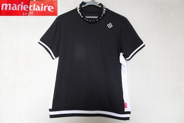 marie claire SPORT/マリクレール/半袖Tシャツ/ハイネック/ブロックチェック織柄/白切替/白黒リブ素材/ホワイト/ブラック/LLサイズ(4/6R8)拍卖