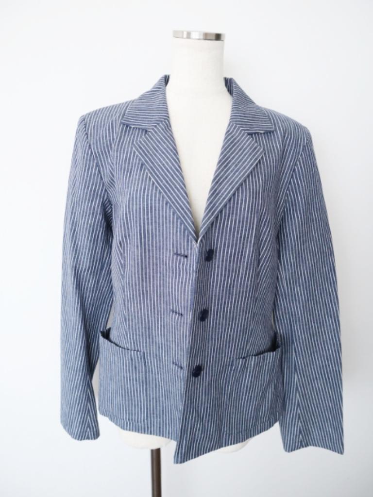 新品!agnes b. アニエスベー レディース ジャケット ネイビー 紺 ストライプコットンリネンジャケット 未使用 タグ付き size42 XL/6465911拍卖