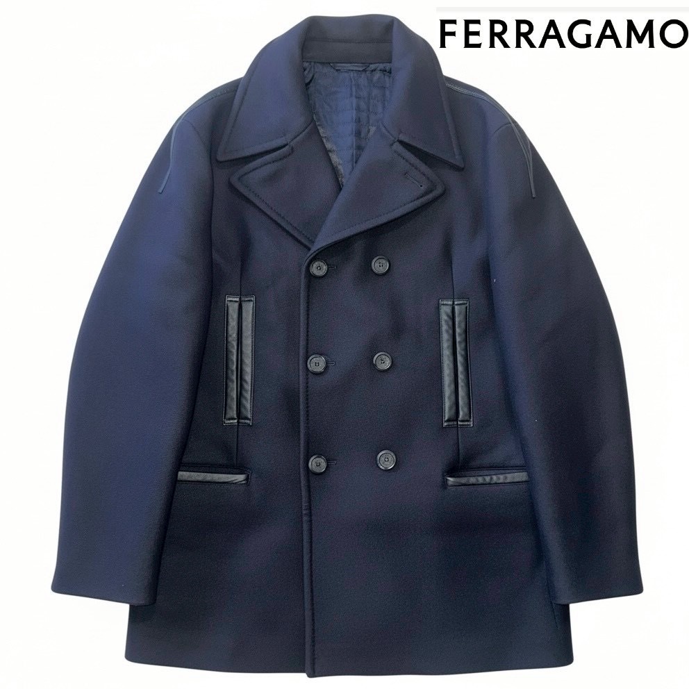 78万 FERRAGAMO ラムレザー カシミア バージンウール コート 濃紺 377FX1拍卖