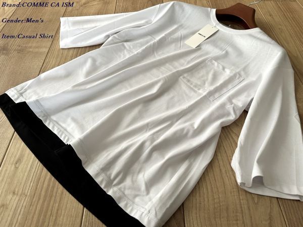 新品 COMME CA ISM MEN コムサイズム 7分袖 フェイクレイヤード クルーネックTシャツ 01ホワイト Mサイズ 60TI13 定価3,900円拍卖