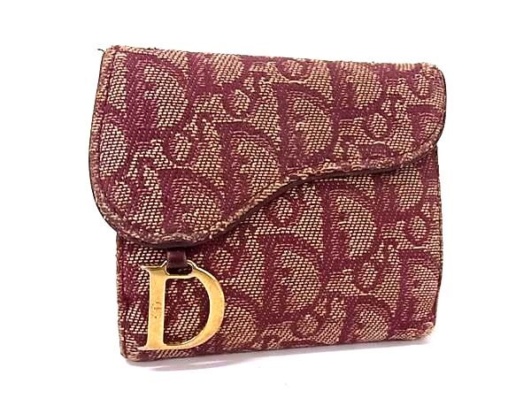 1円 ChristianDior クリスチャンディオール トロッター サドル キャンバス 二つ折り 財布 ウォレット 小銭入れ 札入れ ボルドー系 FX3805拍卖