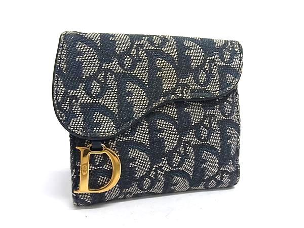 1円 ChristianDior クリスチャンディオール サドル トロッター キャンバス×レザー 二つ折り 財布 ウォレット ネイビー系 FT9623拍卖