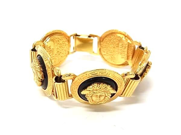 1円 ■美品■ GIANNI VERSACE ジャンニ ヴェルサーチ メデューサ ブレスレット バングル アクセサリー ゴールド系×ブラック系 BS4796拍卖