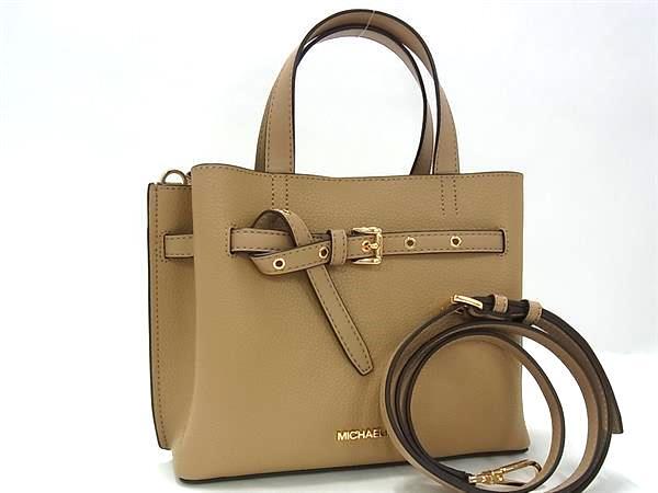 1円 ■新品同様■ MICHAEL KORS マイケルコース エミリア レザー 2WAY ハンドバッグ ショルダーバッグ レディース ベージュ系 HA3519拍卖