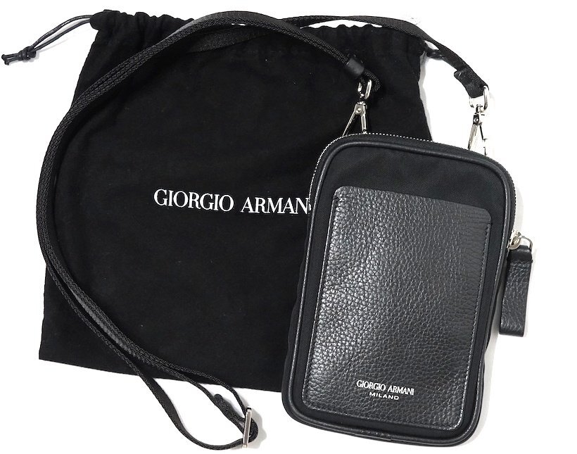 極美品 GIORGIO ARMANI ジョルジオアルマーニ ロゴ クロスボディバッグ ポリエステル×ペブルレザー ブラック ショルダー ポーチ 男女兼用拍卖