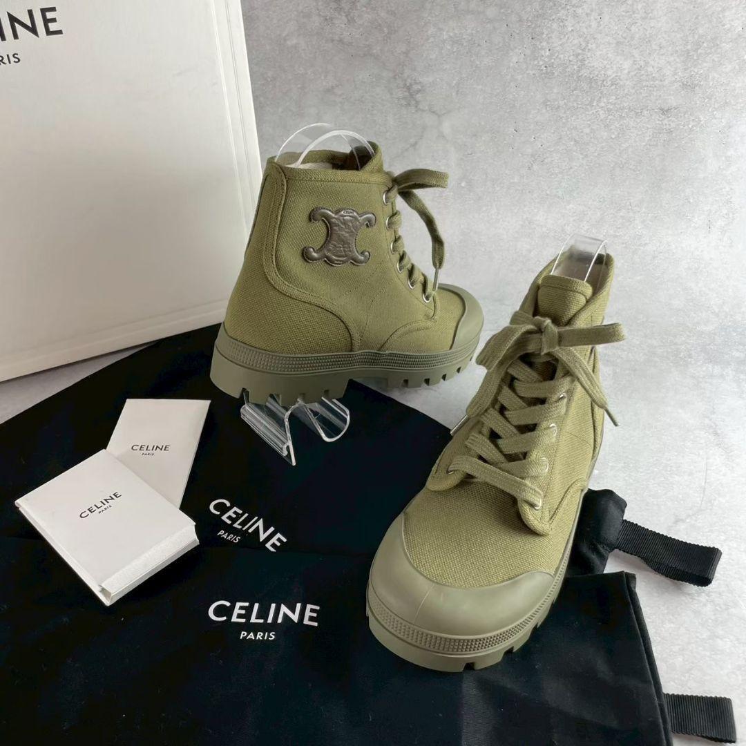 新品 未使用 CELINE セリーヌ PATAPANS パタパン CANVAS キャンバス LACE-UP BOOT トリオンフ レースアップブーツ 35 アーミーグリーン拍卖