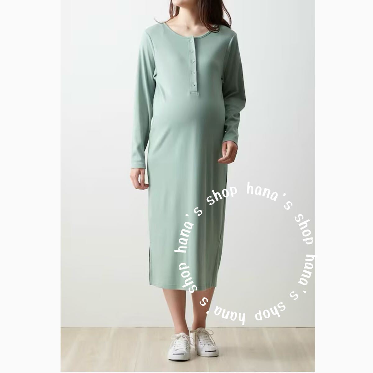 新品 M〜L 授乳しやすい マタニティ ネグリジェワンピース パジャマ ルームウェア ベルメゾン 長袖ワンピース M L 授乳拍卖